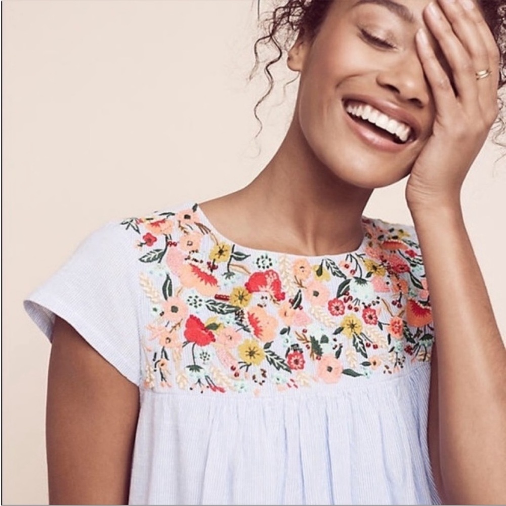 Anthropology Maeve Embroidered Blue & White Stripes Short Sleeve Tunic Dress